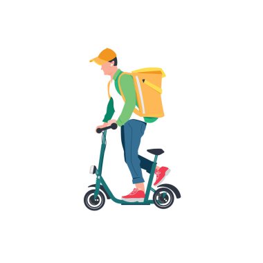 Kurye ürünleri evinize ve ofisinize teslim eder. Kurye teslimatı. Uzaktan kumandalı yemek siparişi. Kurye scooter sürüyor.
