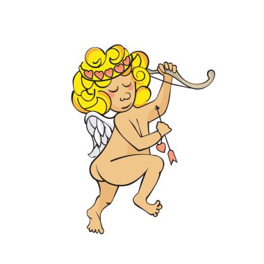 Ok ve yayla aşık bir melek. Beyaz arkaplanda bir melek