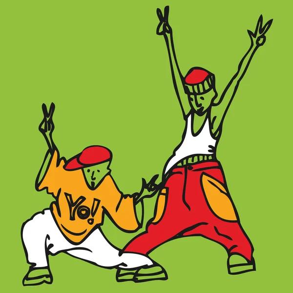 Cartoon-Paar junger Rapper in Rapperklamotten tanzt und singt — Stockvektor