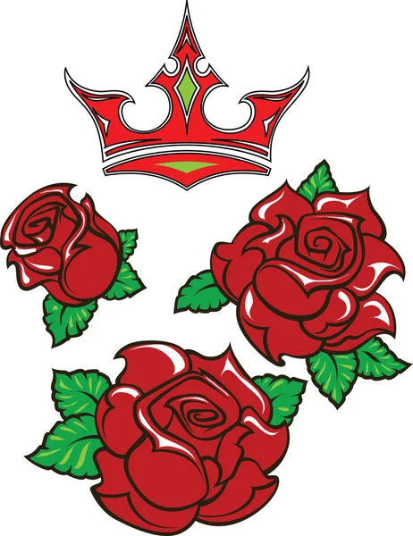Tatouage de style old-school de trois roses rouges avec des feuilles vertes un — Image vectorielle