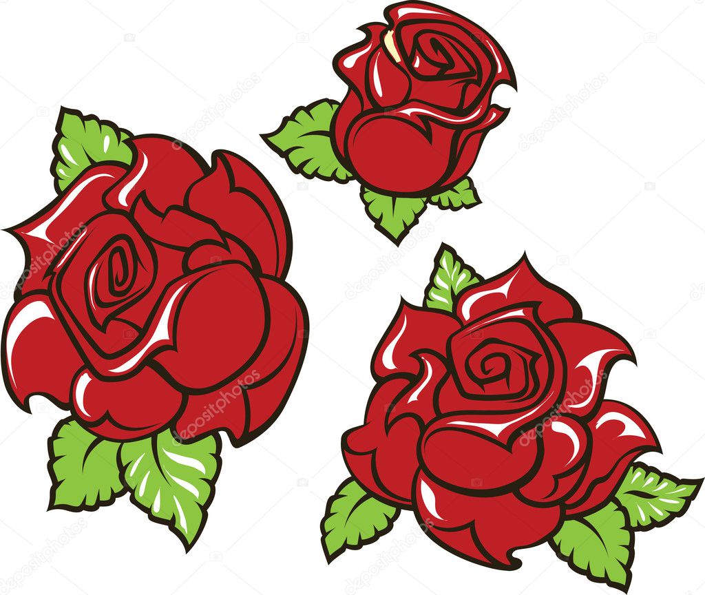 Old-school styled tattoo of three red roses with green leaves. 