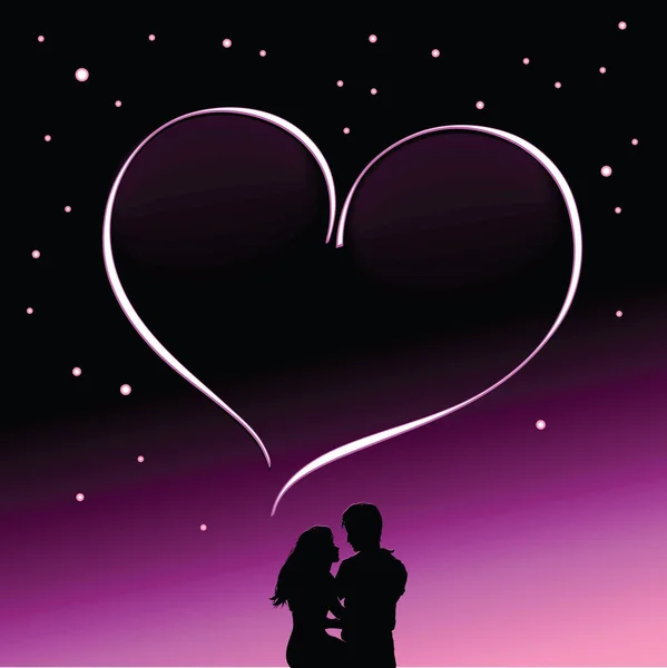 Silhouette eines verliebten Paares vor dem Hintergrund einer sternenklaren Nacht — Stockvektor