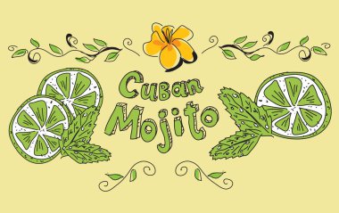 Limon dilimleri ve nane yaprakları ile Küba Mojito yazı.