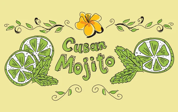 Lettering Cuban Mojito with lime slices and mint leaves. — Stock Vector