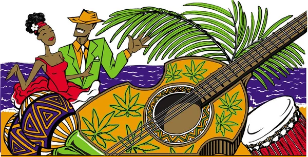 Cartoon Cubaanse paar salsa dansen op het strand, Cubaanse, maracas — Stockvector