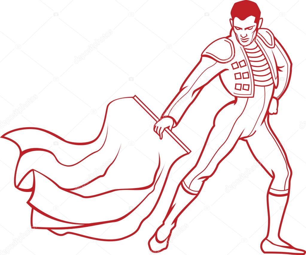 Vector illustration of young matador in bullfighting traditional clothing with red rag is ready to fight with bull