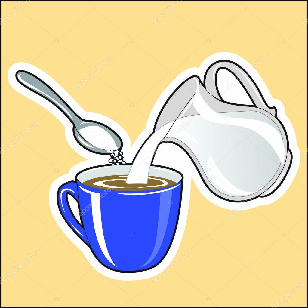 Preparation of coffee with milk and sugar. Milk is added to coff