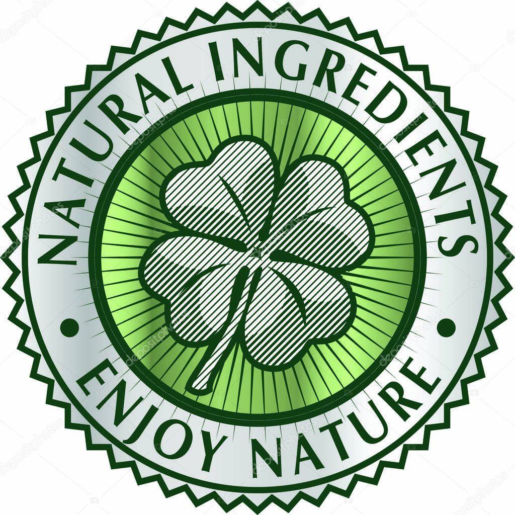 Green clover leaf in circle with inscriptions about natural ingr