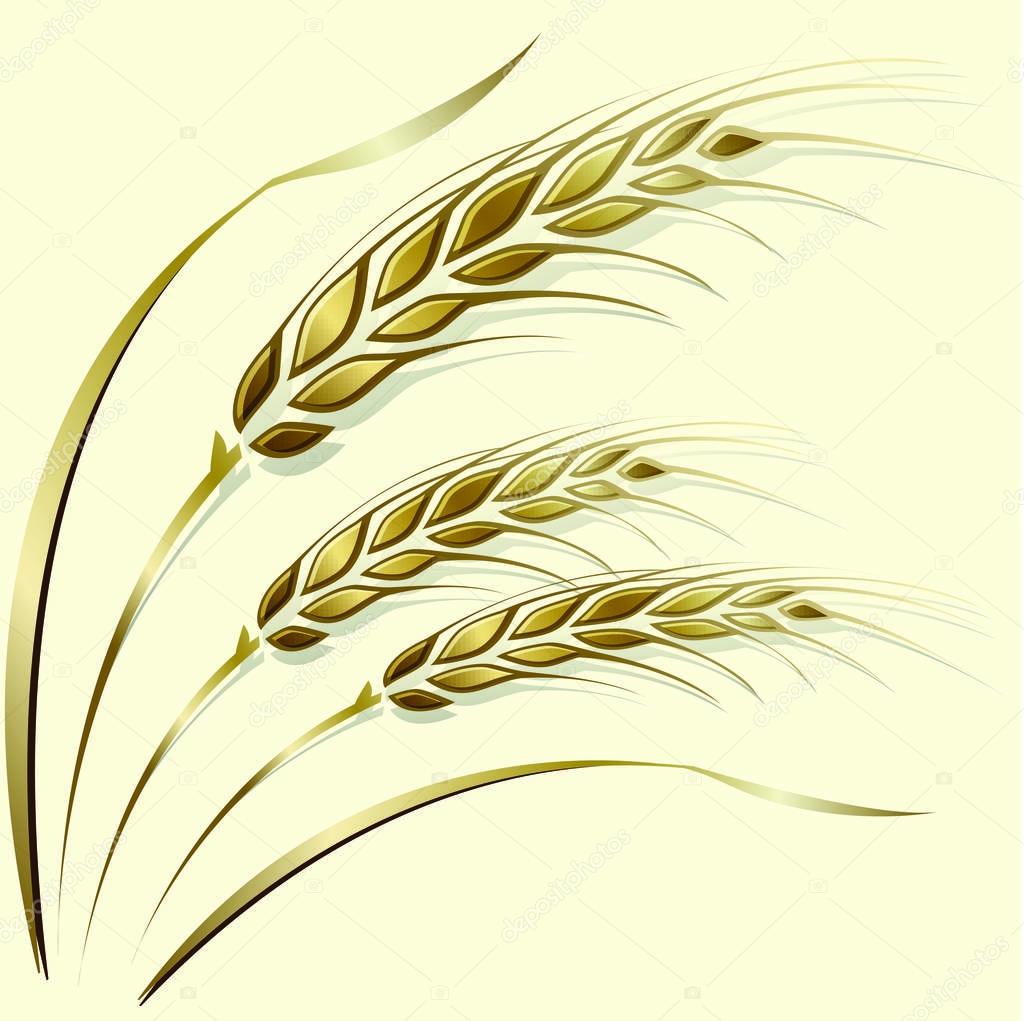 Three gold ripe wheat ears with leaves on beige background. Can be used as frame, corner or border element.