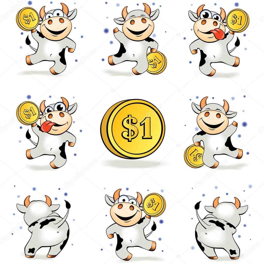 Cartoon crazy young cow with gold coin 1 dollar is happy and dan