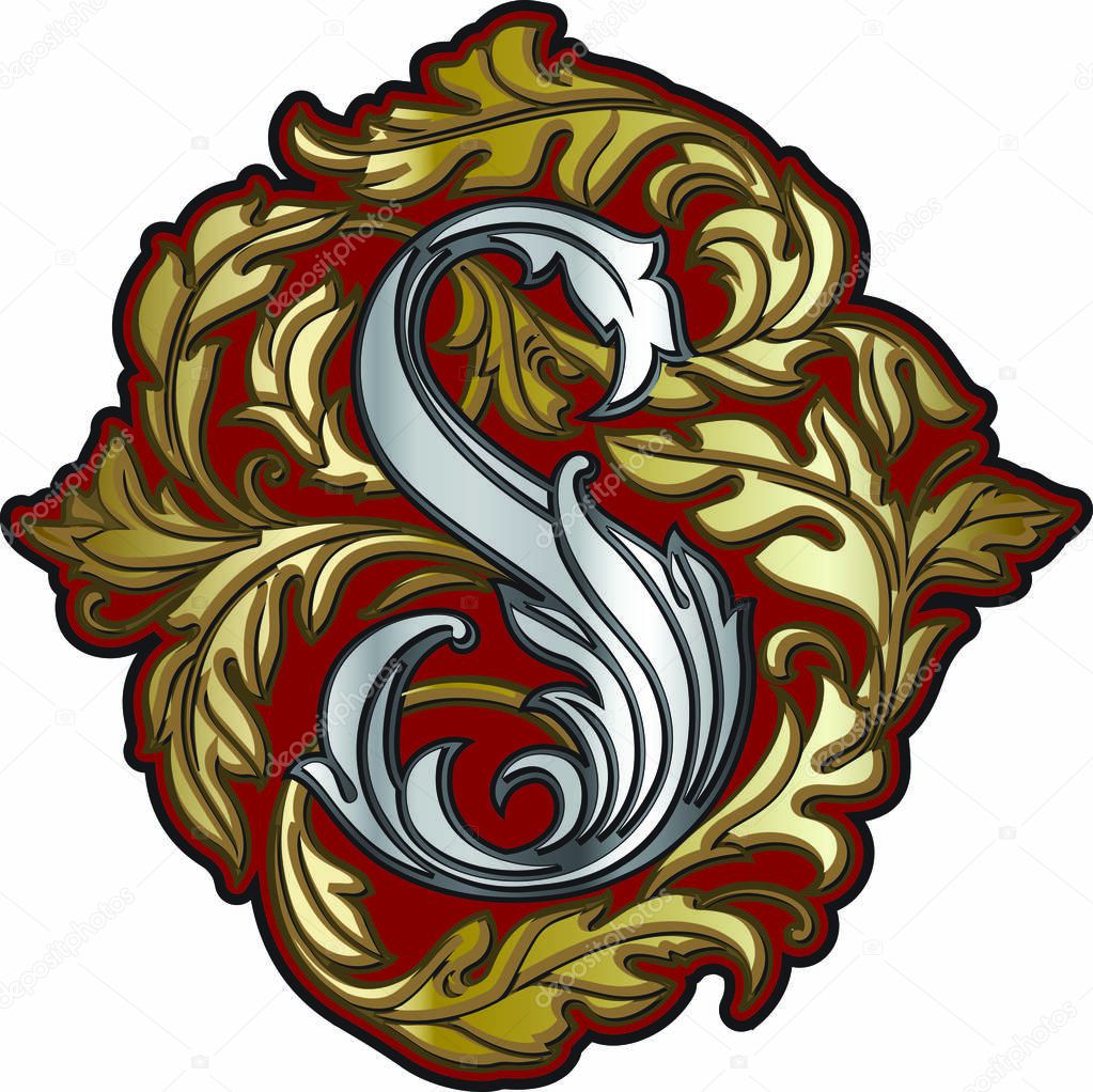 Silver letter S heraldic monogram in baroque style. 