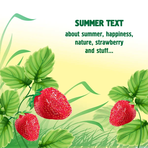 Tarjeta de verano. Fresas rojas maduras con hojas verdes y hierba . — Vector de stock