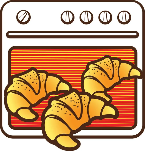 Estufa horno con tres croissants caliente icono . — Vector de stock