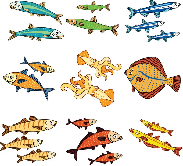 Ensemble de vecteur couleur dessin animé poissons de mer . — Image vectorielle