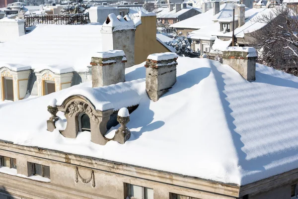 Top view of snow roofs and chimneys.