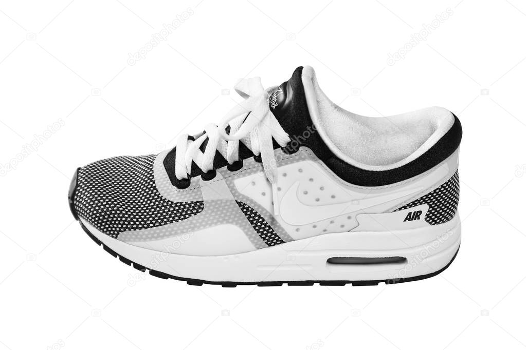 SOFIA, BULGARIA - JULY 1, 2017: Nike Air MAX Zero Essential shoes - sneakers - trainers in black and white isolated on white with clipping path. Nike is a global sports clothes and running shoes retailer.