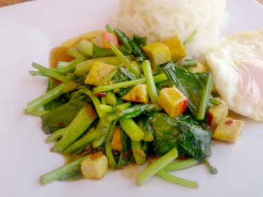 Fried Çince lahana ile Tofu beyaz tabak içinde karıştırın. Vejetaryen yiyecekler, sağlıklı gıda.