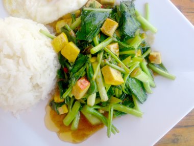 Fried Çince lahana ile Tofu beyaz tabak içinde karıştırın. Vejetaryen yiyecekler, sağlıklı gıda.