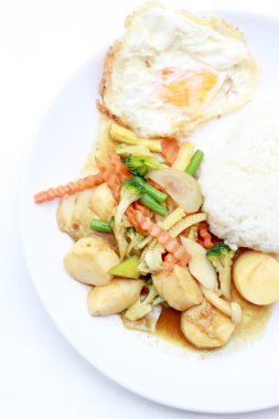 Karıştırın kızarmış Tofu Çin tarzı, derin kızarmış Tofu ile et suyu sosu, tofu beyaz arka plan üzerinde beyaz plaka karışık sebze ile karıştırın kızarmış. Vejetaryen yiyecekler, sağlıklı gıda.