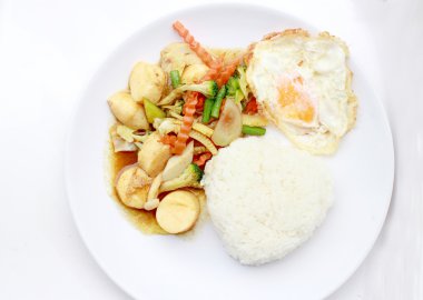 Karıştırın kızarmış Tofu Çin tarzı, derin kızarmış Tofu ile et suyu sosu, tofu beyaz arka plan üzerinde beyaz plaka karışık sebze ile karıştırın kızarmış. Vejetaryen yiyecekler, sağlıklı gıda.