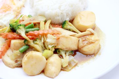 Karıştırın kızarmış Tofu Çin tarzı, derin kızarmış Tofu ile et suyu sosu, tofu beyaz arka plan üzerinde beyaz plaka karışık sebze ile karıştırın kızarmış. Vejetaryen yiyecekler, sağlıklı gıda.