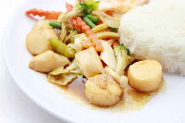 Karıştırın kızarmış Tofu Çin tarzı, derin kızarmış Tofu ile et suyu sosu, tofu beyaz arka plan üzerinde beyaz plaka karışık sebze ile karıştırın kızarmış. Vejetaryen yiyecekler, sağlıklı gıda.