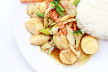 Karıştırın kızarmış Tofu Çin tarzı, derin kızarmış Tofu ile et suyu sosu, tofu beyaz arka plan üzerinde beyaz plaka karışık sebze ile karıştırın kızarmış. Vejetaryen yiyecekler, sağlıklı gıda.