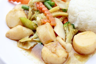 Karıştırın kızarmış Tofu Çin tarzı, derin kızarmış Tofu ile et suyu sosu, tofu beyaz arka plan üzerinde beyaz plaka karışık sebze ile karıştırın kızarmış. Vejetaryen yiyecekler, sağlıklı gıda.