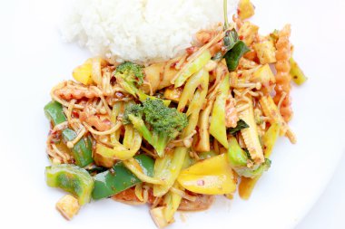 Kavrulmuş Chili Yapıştır, Vejetaryen Gıda, sağlıklı gıda ile karışık sebze Fried karıştırın. Tayland Mutfağı.