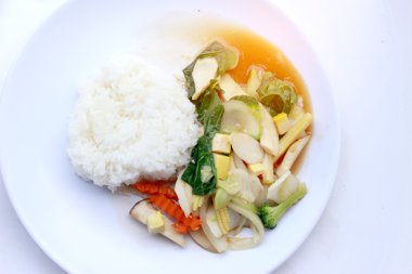 Karıştırın kızarmış Tofu Çin tarzı, derin kızarmış Tofu ile et suyu sosu, tofu beyaz arka plan üzerinde beyaz plaka karışık sebze ile karıştırın kızarmış. Vejetaryen yiyecekler, sağlıklı gıda.