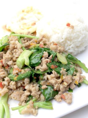 Yakından heyecan ile tepesinde pirinç kızarmış kıyılmış domuz eti ve fesleğen, Tayland gıda.