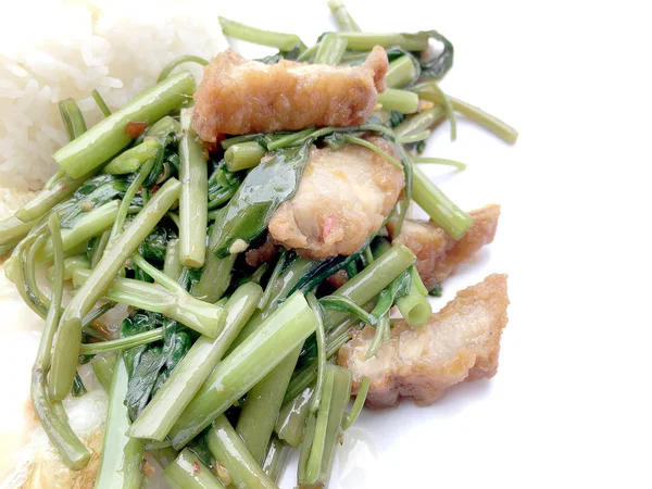 Remover agua frita Espinacas con chile y salsa de soja y cerdo crujiente en plato blanco aislado sobre fondo blanco, comida tailandesa . — Foto de Stock