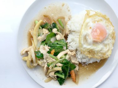 Domuz eti ile kızarmış karnabahar, beyaz tabak pirinç kızarmış yumurta beyaz zemin üzerine, Tay tarzında gıda yalıtmak.