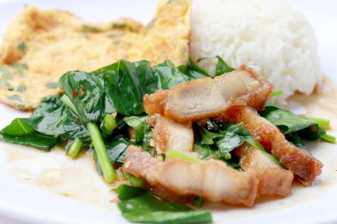 Gevrek domuz eti ile kızarmış kale ve pirinç Tay omlet beyaz bulaşık iisolated beyaz arka plan, Tayland yemekleri üzerine ilave edin