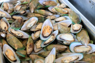 Moules Marinieres - beyaz şarap soslu midye pişmiş. Lüks Restoran Menü fotoğraf, Akdeniz mutfağı, deniz ürünleri yemek kavramı