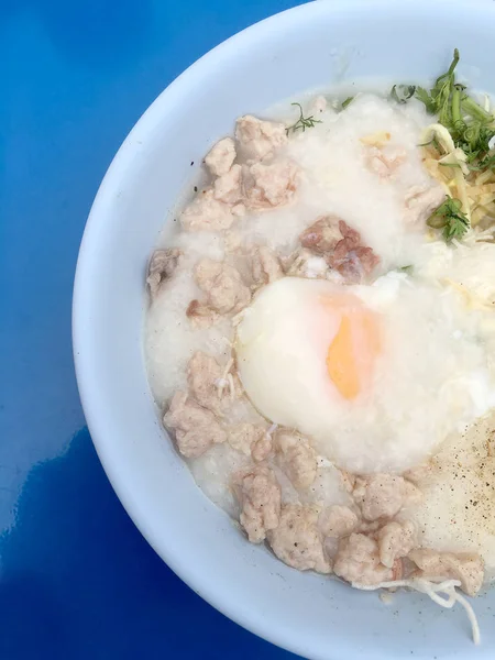 Gruau Traditionnel Riz Porridge Thaï Dans Bol Blanc Congee Dans — Photo