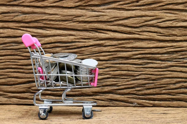 Geld Konzept Mini Einkaufswagen Auf Altem Schönen Holz Hintergrund — Stockfoto