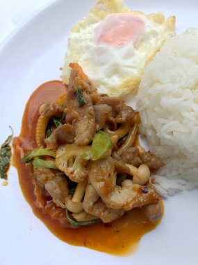 Stir fried chicken kavrulmuş Chili Yapıştır ile pirinç ve yumurta beyaz tabak içinde ateş.