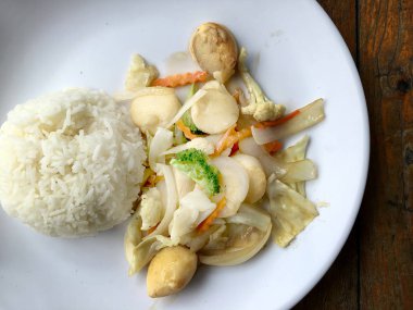 Kızarmış tofu sebze ile Tayland Yasemin pirinç ahşap arka plan üzerinde beyaz tabak ile. Gıda Tay tarzında. Vejetaryen yiyecekler.