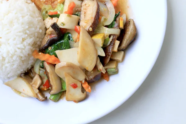 Revuelva el tofu frito en estilo chino, revuelva el tofu frito con verduras mixtas y el huevo frito en un plato blanco con arroz sobre fondo blanco para celebrar el festival de año nuevo chino, comida vegetariana, comida saludable . — Foto de Stock