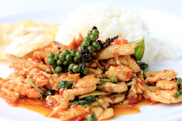 Yasemin pirinç beyaz arka plan üzerinde beyaz tabak içinde kavrulmuş chili Yapıştır ve taze Piper nigrum kızarmış tavuk karıştırın. Tay tarzında gıda.