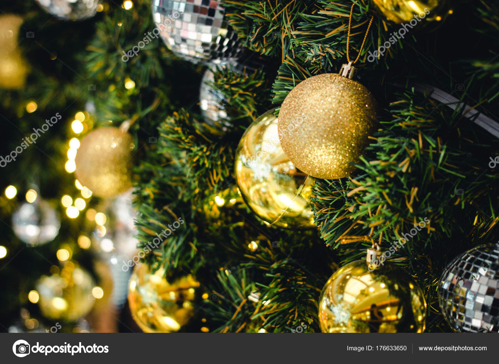 Golden Silver Color Christmas Ball Branches Fir Beautiful Light Bokeh