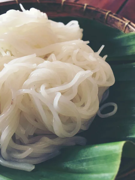 Farine Riz Thaï Blanc Nouilles Vermicelles Riz Sur Feuille Banane — Photo