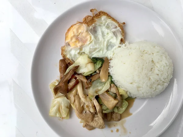 Rør Fried Mix Grønnsaker Sopp Urter Med Damp Ris Thai – stockfoto