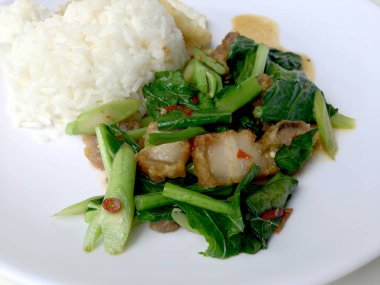 Fry stir Kai arazi ve gevrek domuz eti, beyaz arka plan üzerinde beyaz tabak kızarmış pilav pilav ile karıştırın. Tay tarzında gıda.