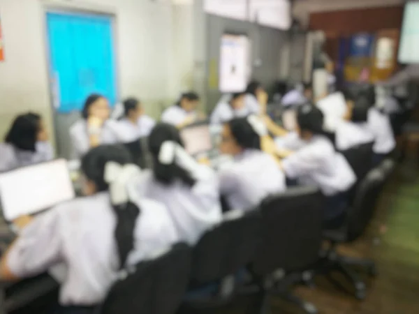 Concepto Educación Imagen Borrosa Tecnología Aprendizaje Los Estudiantes Taller Utilizando — Foto de Stock