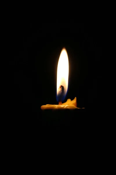 One Single Yellow Light Candle Burning Brightly Black Background Candle — Stock Photo, Image