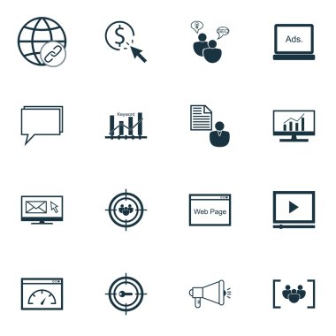 Set Seo, Pazarlama ve Reklam Simgeleri On Pay Per Click, Online Danışmanlık, Odak Grubu Ve Daha Fazlası. Üstün Kaliteli Eps10 Vektör İllüstrasyon Mobil, Uygulama, Ui Tasarım için.