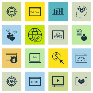 Set Seo, Pazarlama ve Reklam Simgeleri Hedefleyici, Hedef Anahtar Kelimeler, Html Kodu Ve Daha Fazlası. Üstün Kaliteli Eps10 Vektör İllüstrasyon Mobil, Uygulama, Ui Tasarım için.