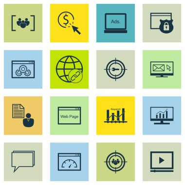 Set Seo, Pazarlama Ve Reklam Simgeleri Link Binası, Web Sitesi Koruma, Hedef Kitle Hedefleme ve daha fazlası. Üstün Kaliteli Eps10 Vektör İllüstrasyon Mobil, Uygulama, Ui Tasarım için.